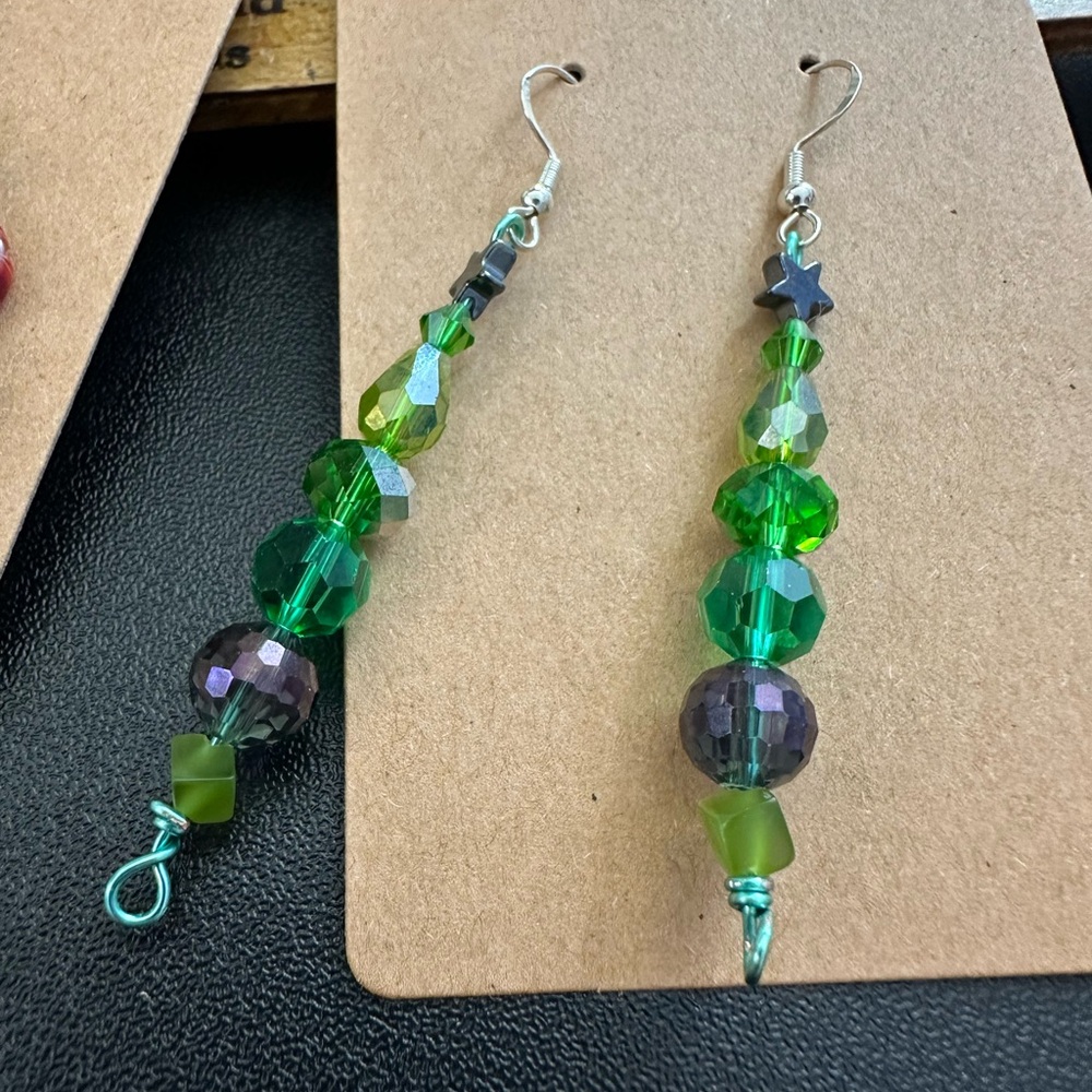 Sparkly Festive Green and Purple Beaded Earrings
